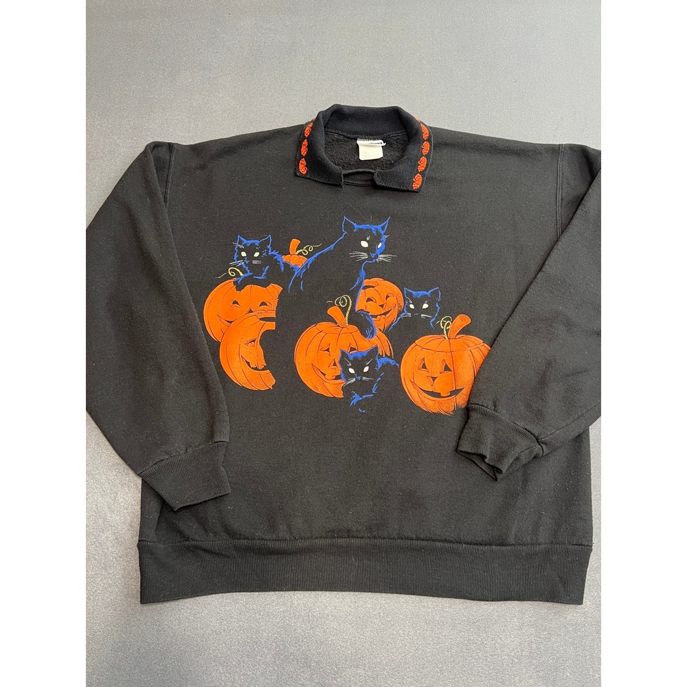 Vintage Jerzees Halloween Sweatshirt Black Cats Pumpkins Polo Collar Large